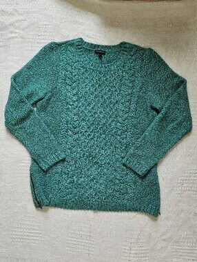 Talbots Merino Wool Blend Green Crew Neck Fisherman Core Sweater Womens M